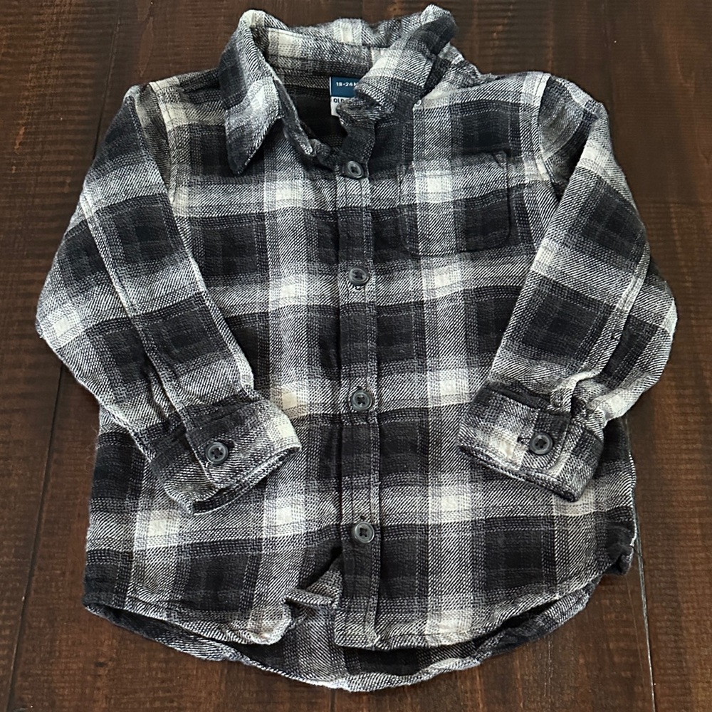 Old Navy Kids Black and Gray Plaid Button Down Shirt